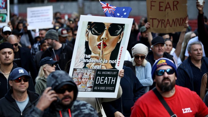 Anti-lockdown protesters in George St, Sydney on July 24. Photo / Getty Images
