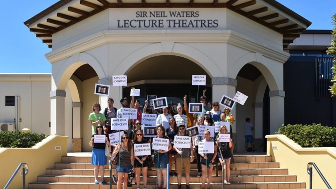 Staff and students protest a Massey University sciences restructure in 2020. A new proposal could see 100 roles go at the College of Sciences.