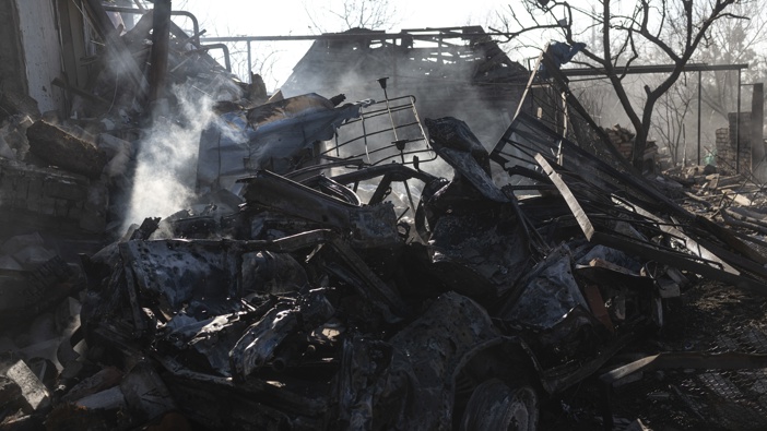 Wreckage of car lies amid rubble in a residential district after a Russian aerial bomb attack on February 13, 2025 in Kramatorsk, Ukraine. One man was killed, several others were injured. Two houses and several cars were damaged. (Photo by Viktor Fridshon/Global Images Ukraine via Getty Images)
