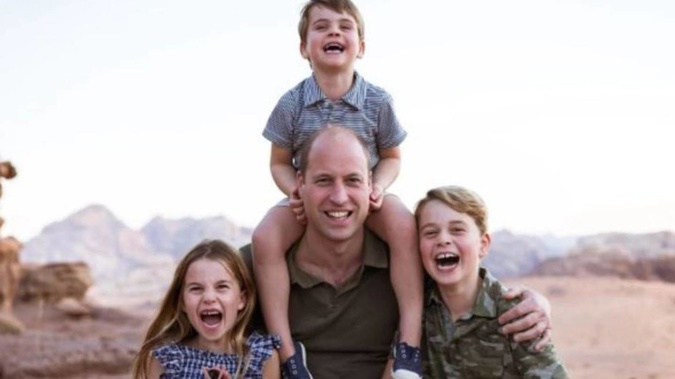 Prince William and his three children: Charlotte, Louis (centre), and George, on a family holiday in Jordan last year. Photo / Kensington Palace