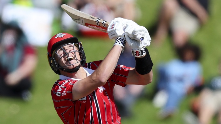 Mitch Hay of the Kings bats during the Super Smash Men's Final match between Central Stags and Canterbury Kings at Basin Reserve on February 02, 2025 in Wellington, New Zealand. (Photo by Hagen Hopkins/Getty Images)