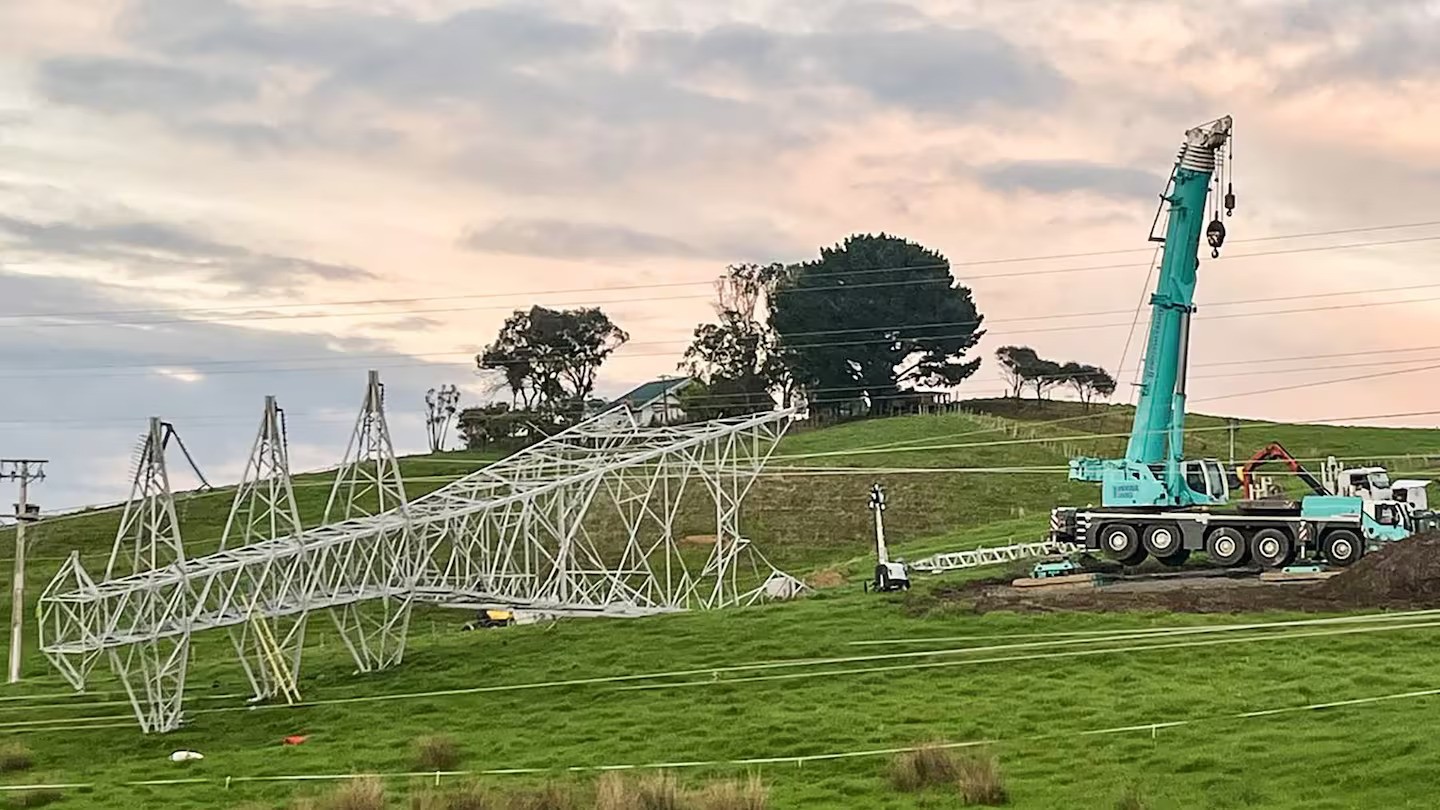 The fallen transmission pylon at Glorit north of Auckland last June caused major disruption to Northland's electricity network. Photo / NZME