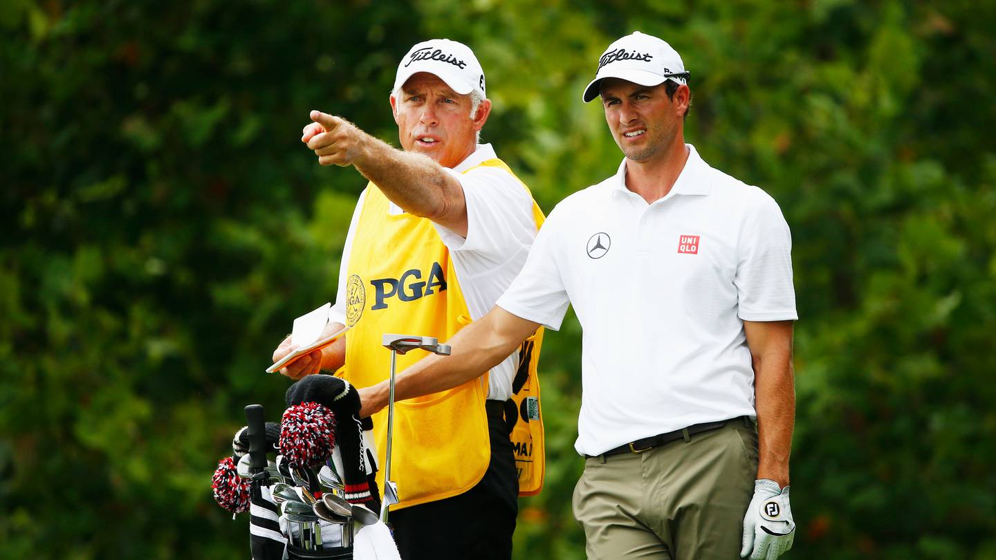 Steve Williams talks with Adam Scott during the final round of the 96th PGA Championship at Valhalla Golf Club in 2014. Photo / Getty Images