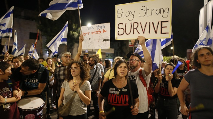 Israelis gather with banners and flags in front of the residence of Israeli Prime Minister Benjamin Netanyahu, to protest against Netanyahu and his government for not signing the ceasefire agreement with Gaza on September 02, 2024 in Jerusalem. Photo / Getty