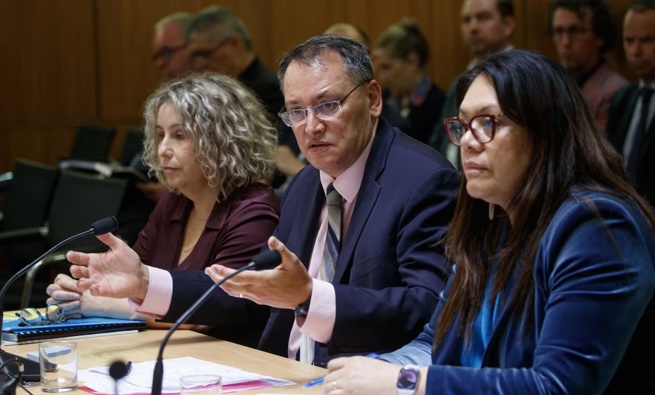 Shane Reti, flanked by the Director-General of Health Dr Diana Sarfati (left), and Health NZ chief executive Margie Apa. Photo / Mark Mitchell