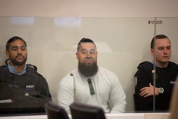 Head Hunters member Daniel Natua is sentenced in the Auckland District Court after police investigating a violent home invasion in Sandringham discovered a large cache of guns, drugs and cash at his Te Atatū home. Photo / Sylvie Whinray