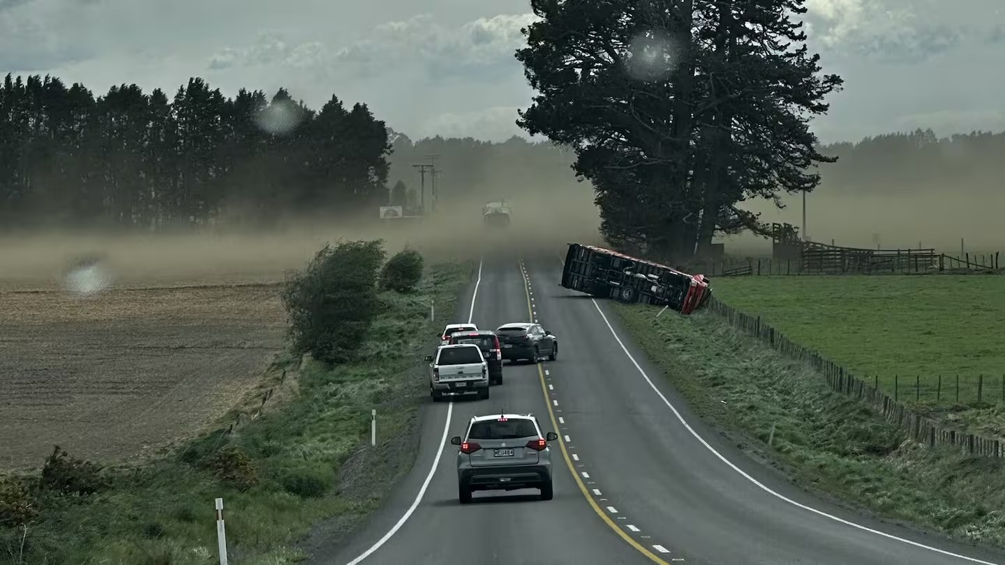 A truck blown off the road on State Highway 2 near Takapau on Tuesday.