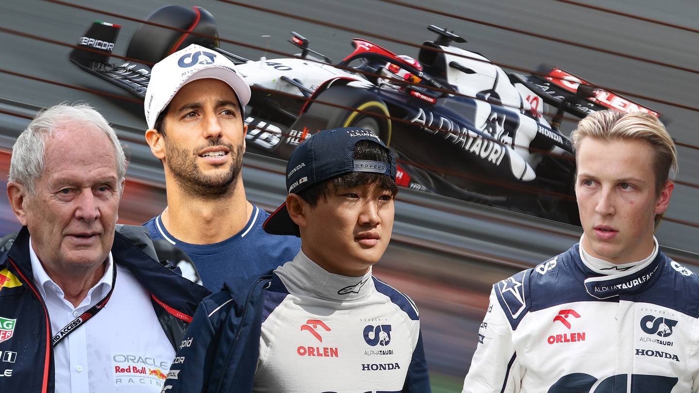 Liam Lawson of New Zealand driving the (40) Scuderia AlphaTauri AT04 on track during the F1 Grand Prix of The Netherlands at Circuit Zandvoort on August 27, 2023 in Zandvoort, Netherlands. Inset: Helmut Marko (left), Daniel Ricciardo, Yuki Tsunoda and Liam Lawson. Photo / Getty Images