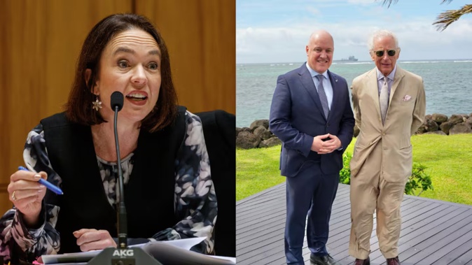Labour MP Ginny Andersen reshared a post making an explicit reference towards King Charles' outfit at the Commonwealth Heads of Government Meeting in Samoa. Photos / Mark Mitchell, @christopherluxon