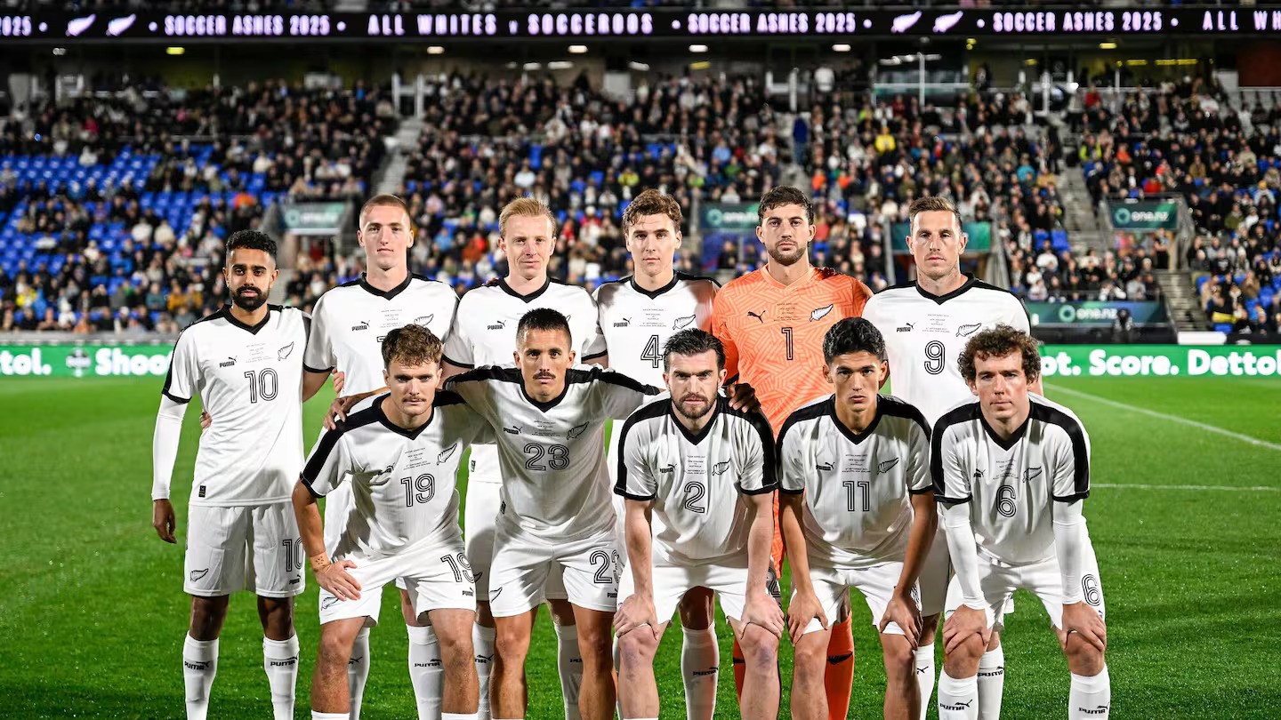 The All Whites team photo before kickoff against the Socceroos. Photo / Photosport