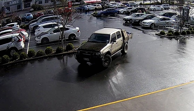 An image of the stolen ute driven out of a Hamilton Bunning's car park by Tom Phillips on Wednesday. Photo / Supplied