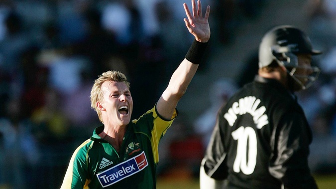 Brett Lee celebrates the wicket of Craig McMillan during a 2005 ODI at Eden Park.