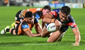 Jacob Laban of the Warriors dives for the try line, NZ Warriors v Wests Tigers, round 4 of the NRL Telstra Premiership rugby league match at Go Media Stadium, Auckland, New Zealand on Friday 27 March 2026. Photo / Photosport