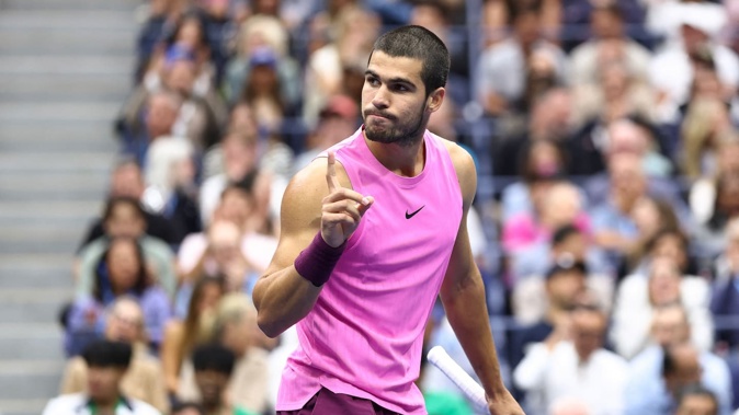 Spain's Carlos Alcaraz reacts after a point against Italy's Jannik Sinner during the men's US Open singles final. Photo / AFP