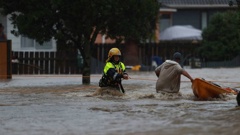 Firefighters use ropes to help rescue residents trapped by flooding Urlich Dr, Ranui. Photo / Hayden Woodward