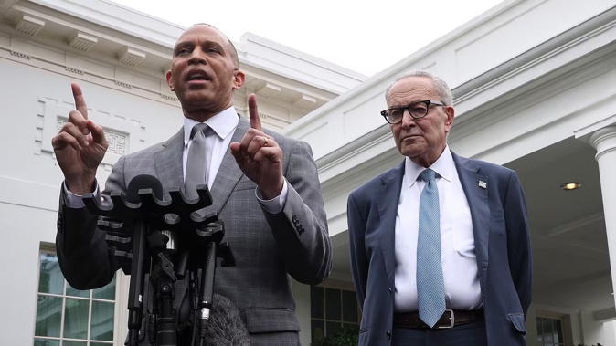 US House Minority Leader Hakeem Jeffries and Senate Minority Leader Charles Schumer deliver remarks following a meeting with US President Donald Trump at the White House yesterday. The Democratic leaders met were there to discuss a US Government shutdown. Photo / Getty Images