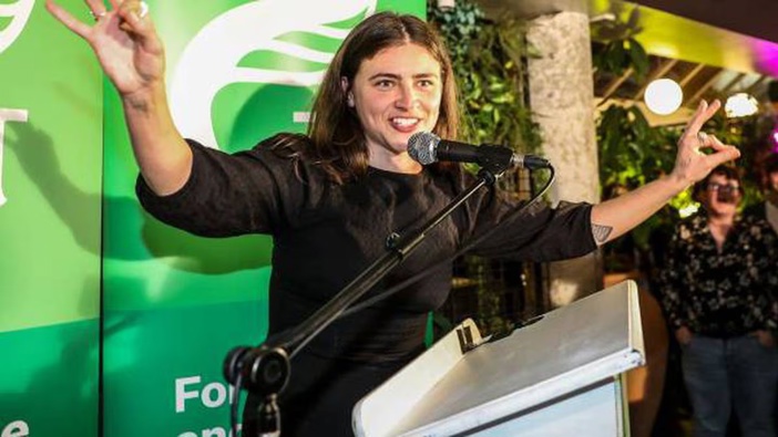 Green Party MP Chloe Swarbrick, who celebrated the Auckland Central win on election night 2023, has risen to be co-leader today. Photo / Michael Craig