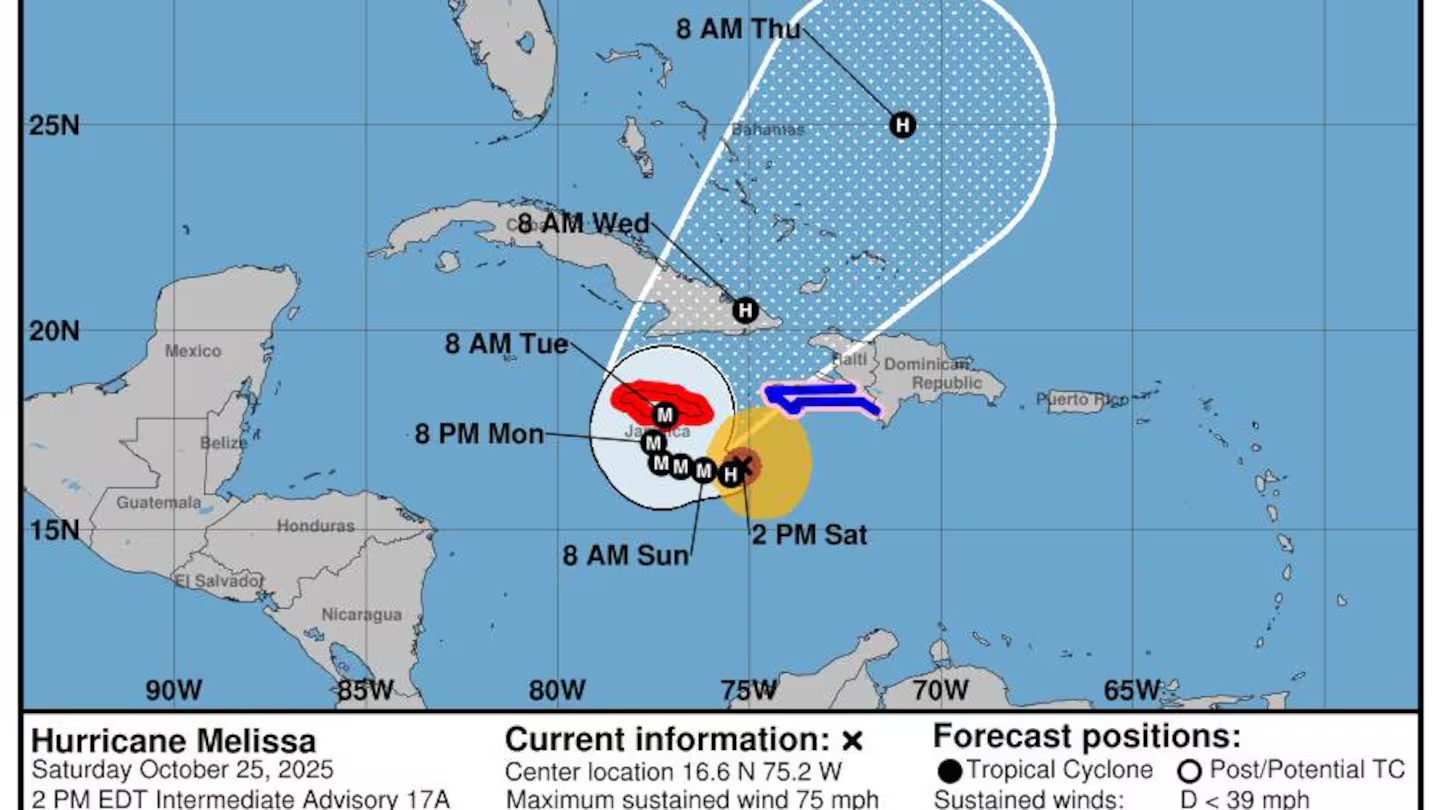 A weather disaster could unfold across Jamaica, southern Haiti and Cuba into early next week, as slow-moving Melissa is forecast to rapidly intensify into a major hurricane. Photo / National Hurricane Centre