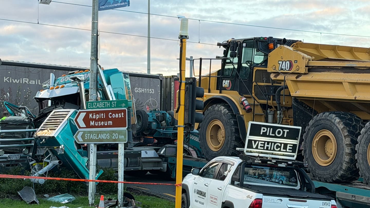 A truck and freight train have collided near Waikanae Railway Station on the Kāpiti Coast this morning. Photo / Darrin Bull