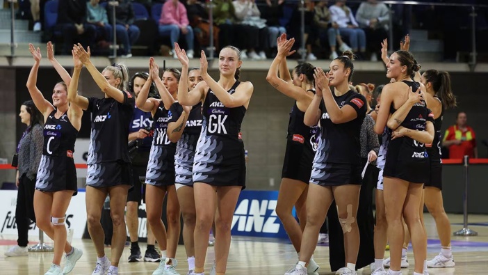 The Silver Ferns celebrate their win during the Cadbury Netball Series. Photo / Photosport