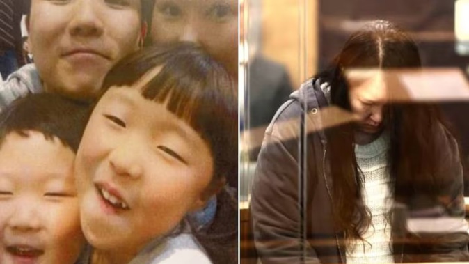 Hakyung Lee, in the High Court at Auckland this month (right), is accused of killing her children in Auckland before moving to South Korea. Photos / Pool Lawrence Smith / Supplied