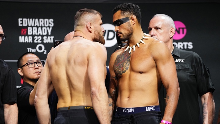 Opponents Jan Blachowicz of Poland and Carlos Ulberg of New Zealand face off during the UFC Fight Night ceremonial weigh-in at The O2 on March 21, 2025 in London, England. (Photo by Jeff Bottari/Zuffa LLC)