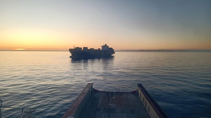 The MV Shiling cargo vessel anchored in Tasman Bay. Photo / Skandio Emerald