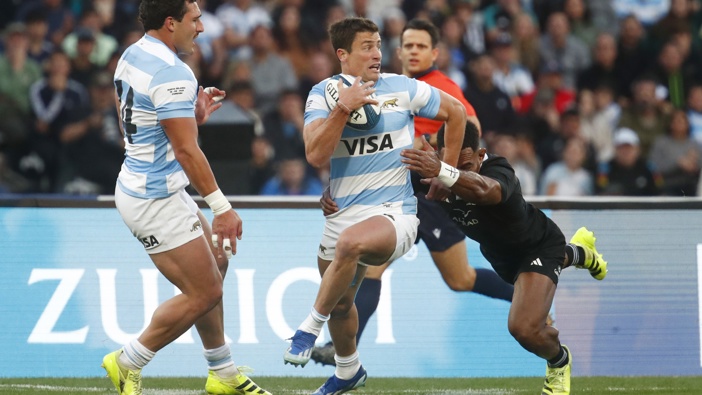Bautista Delguy of Argentina is tackled by Sevu Reece of New Zealand during the Rugby Championship 2025 match between Argentina Pumas and New Zealand All Blacks at Mario Alberto Kempes Stadium on August 16, 2025 in Cordoba, Argentina. (Photo by Marcos Brindicci/Getty Images)