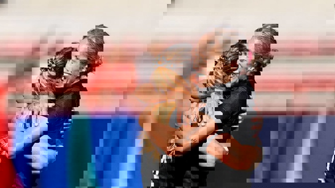 New Zealand captain Sarah Hirini and Niall Williams celebrate a try on day one. Photosport