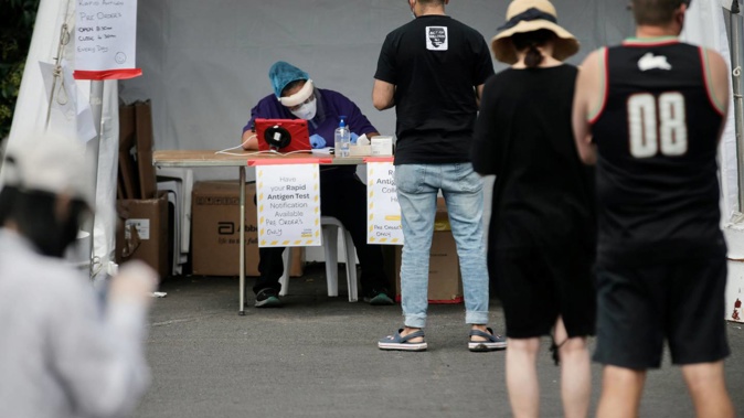 Covid-19 testing station at Balmoral, Auckland, earlier this year where Rapid Antigen Testing kits were being handed out. Photo / Alex Burton