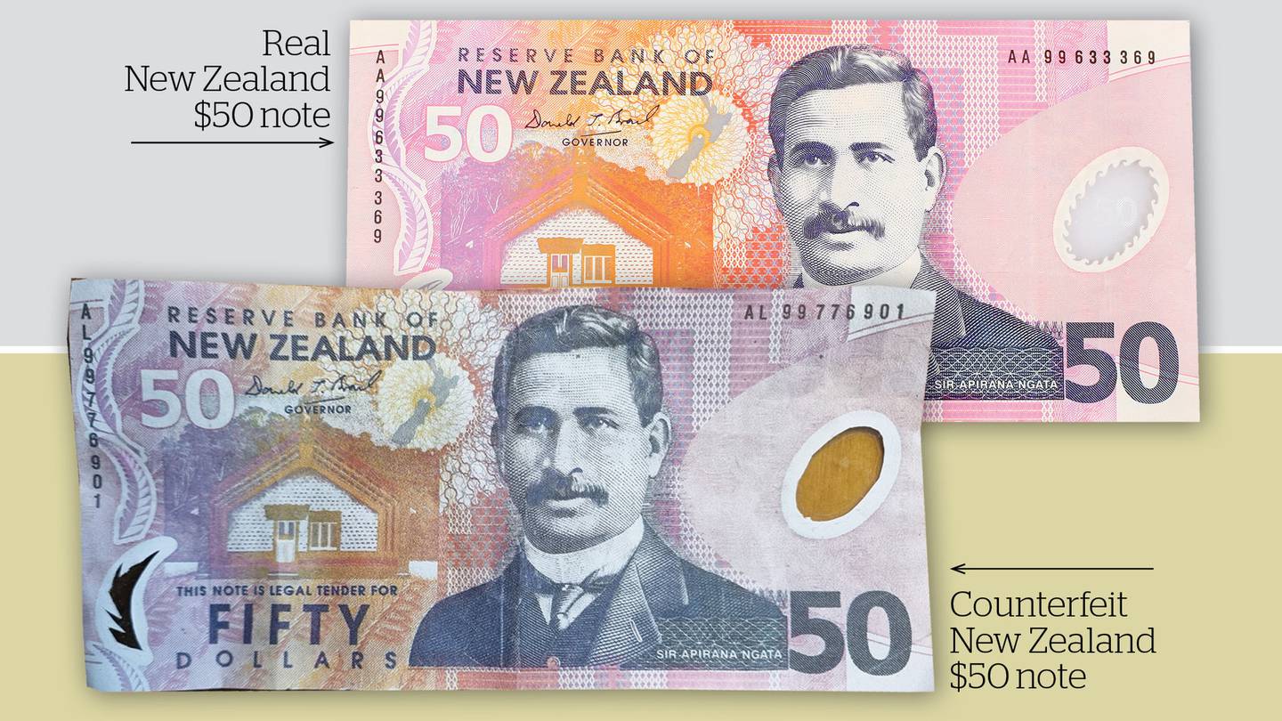 A comparison between the counterfeit $50 note presented at Garden Depot Napier on Monday, and a real $50 note. Graphic / NZME and Supplied