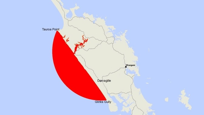 The area along Northland’s west coast where New Zealand Food Safety says people should not to collect or consume shellfish from due to a high paralytic shellfish toxin risk