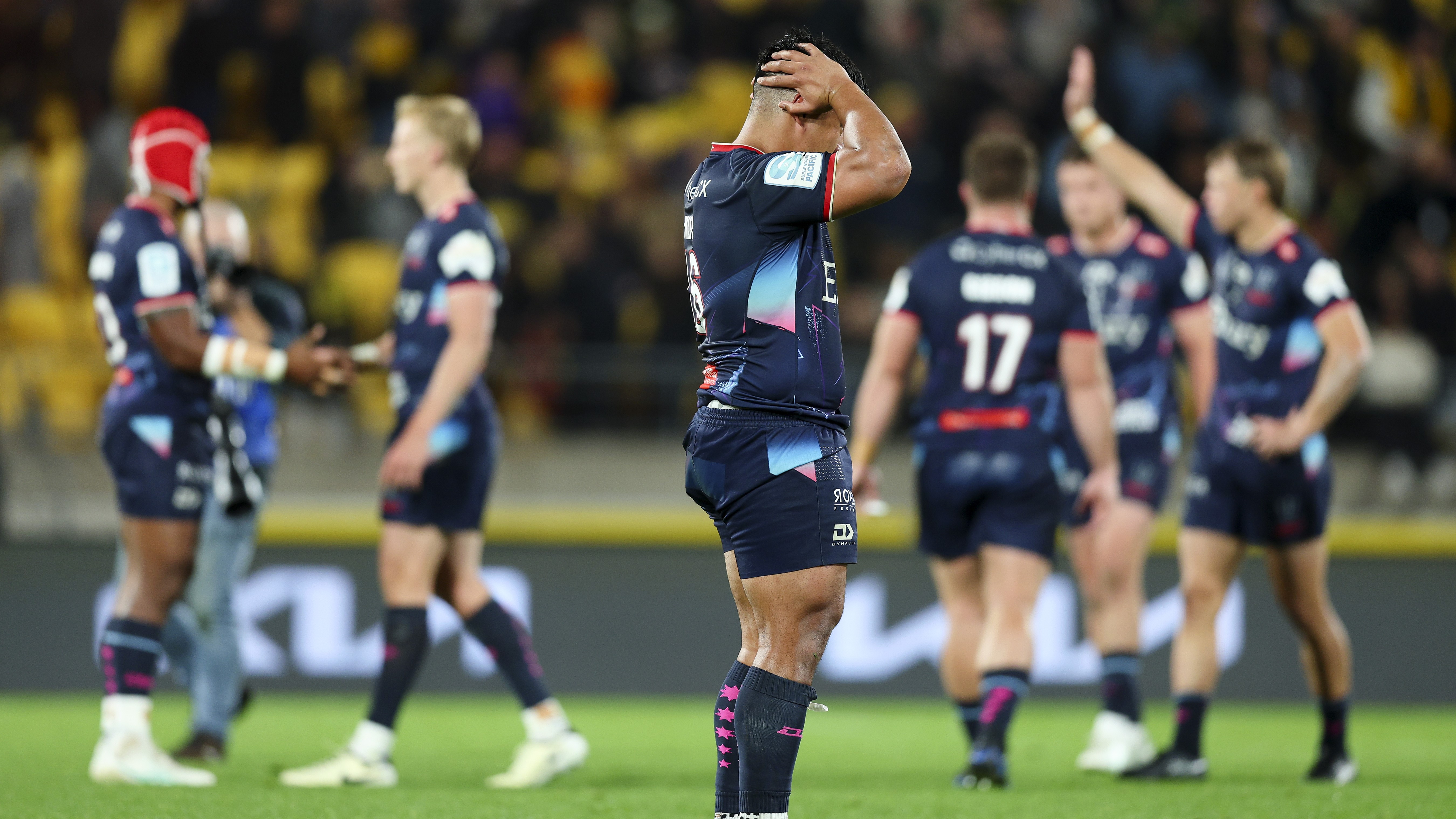 Alex Mafi of the Rebels reacts after the final whistle in the Super Rugby Pacific Quarter Final match between Hurricanes and Melbourne Rebels at Sky Stadium, on June 08, 2024, in Wellington, New Zealand. (Photo by Hagen Hopkins/Getty Images)