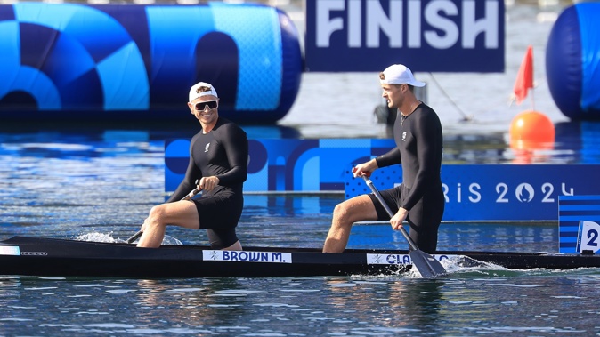 Max Brown and Grant Clancy after crossing the finish line in the C2 500m in Paris. Photo / Photosport