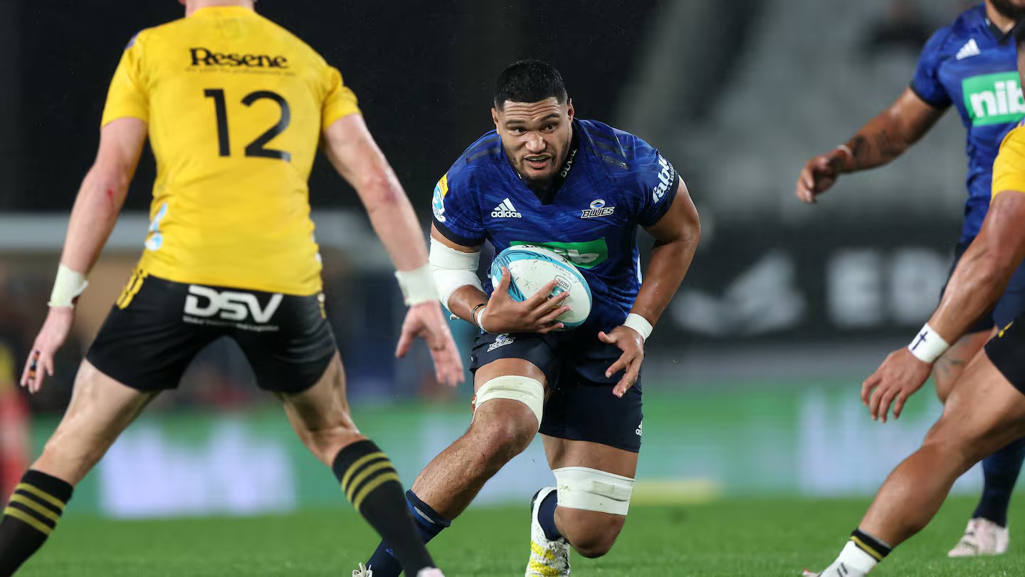 Loose forward Cameron Suafoa on the charge for the Blues. Photo / Photosport