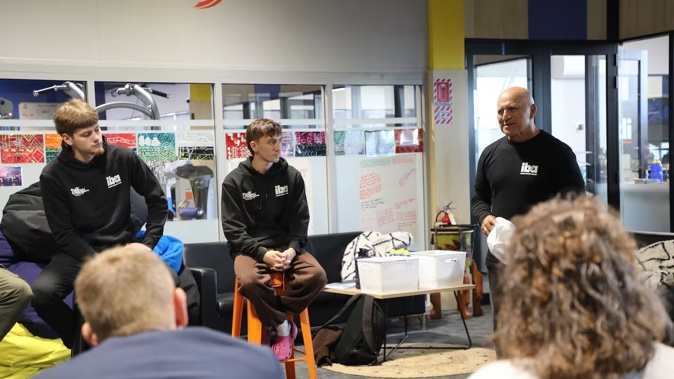 Levi Hersey (left) and Rayvin Adams-Noda (middle) and are doing the Imagine Believe Achieve programme at the Tauranga Boxing Academy. Pictured with the programme's kaitohutohu /adviser Paora Howe.
