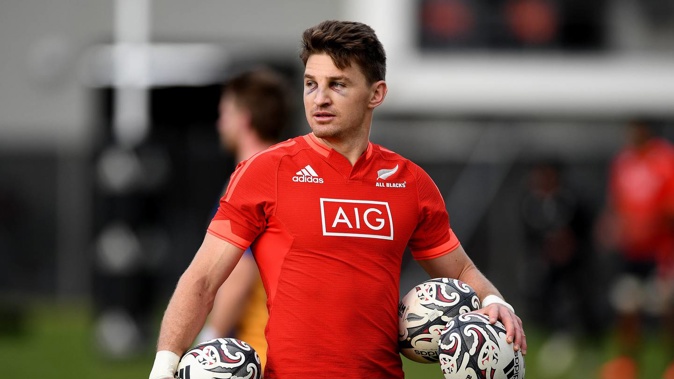 Beauden Barrett, sporting two black eyes, looks on during an All Blacks training session at Logan Park. (Photo / Getty)