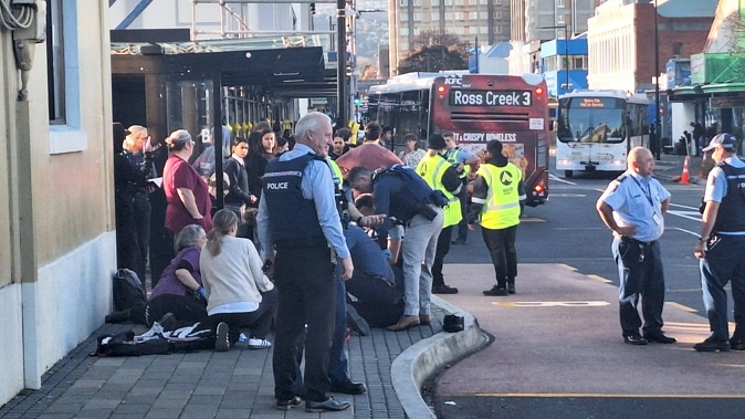 Police officers at the scene of a fatal stabbing in Dunedin. Photo / Ben Tomsett