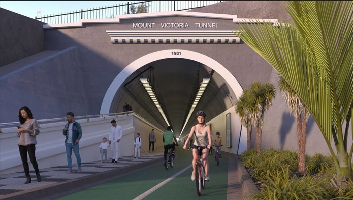 The existing Mt Victoria tunnel will be converted into one for pedestrians and cyclists to use. Image / LGWM
