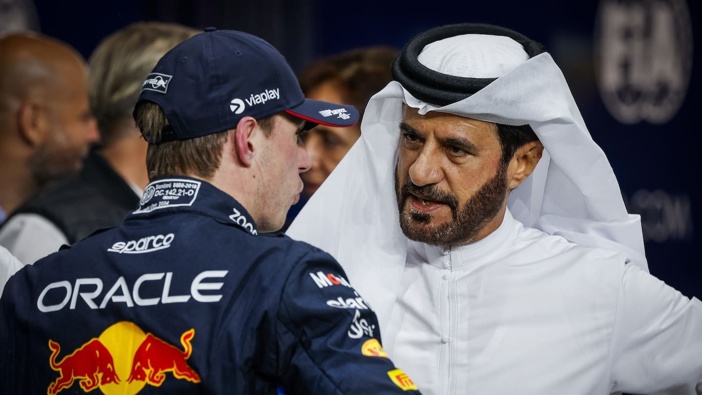 Max Verstappen in conversation with FIA president Mohammed Ben Sulayem, in Jeddah, Saudi Arabia. Photo / Photosport