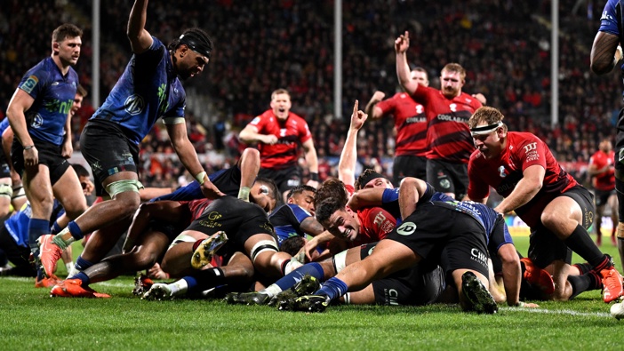 Will Jordan of the Crusaders celebrates after scoring a try during the Super Rugby Pacific Semi Final match between Crusaders and Blues at Apollo Projects Stadium, on June 13, 2025, in Christchurch, New Zealand. (Photo by Joe Allison/Getty Images)
