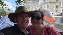 Christchurch real estate agency licensee Brendan Shefford and his wife Sarah Shefford spent two days at the protest with their kids. Photo / Supplied