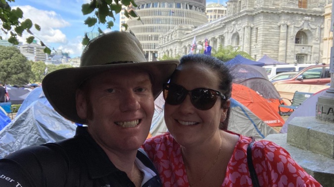 Christchurch real estate agency licensee Brendan Shefford and his wife Sarah Shefford spent two days at the protest with their kids. Photo / Supplied