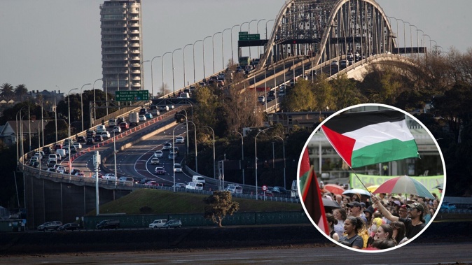Palestine supporters are understood to be planning a march across the Auckland Harbour Bridge next month in protest against Israel's actions in Gaza. Composite Image / Brett Phibbs, Alex Burton