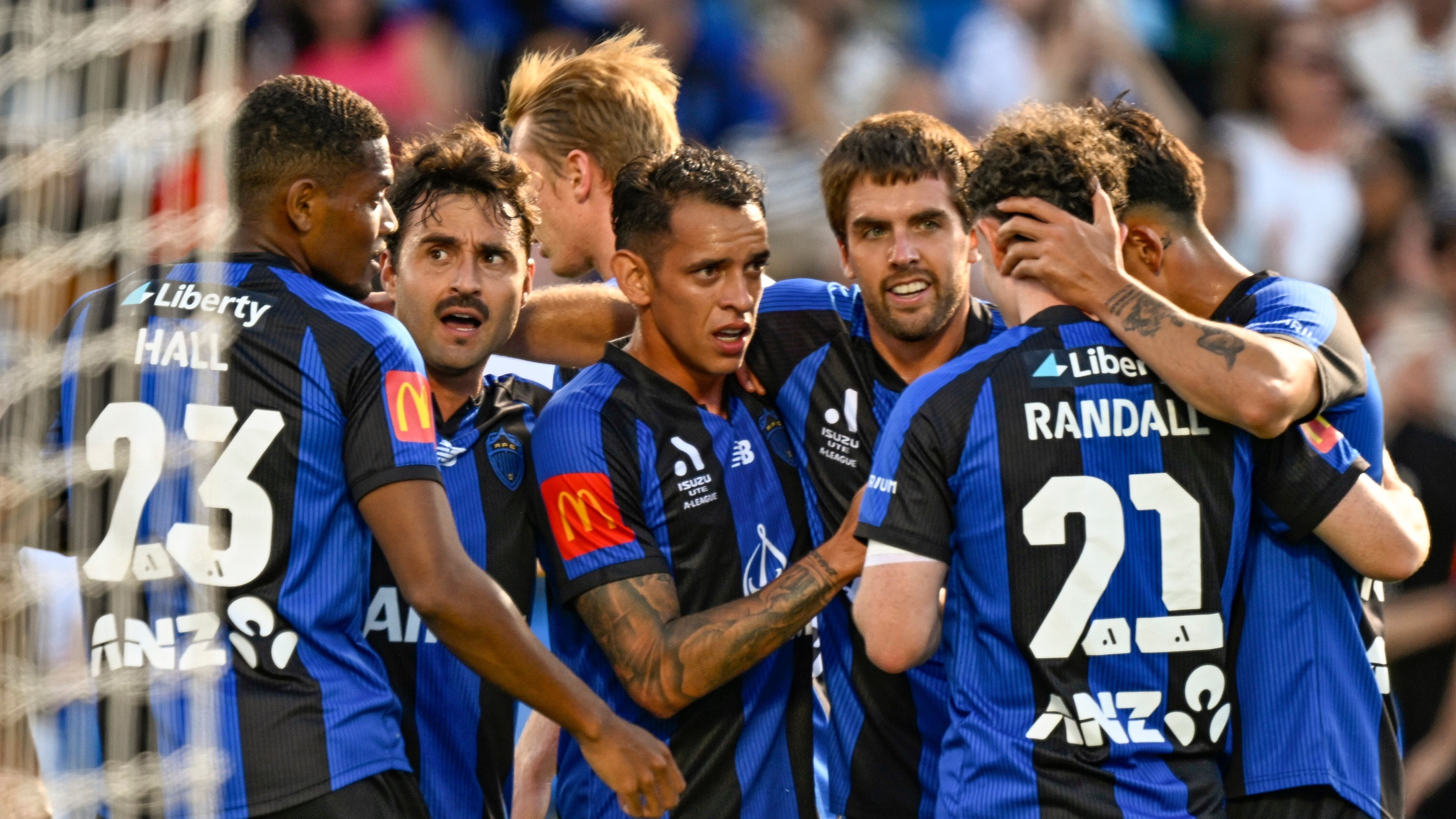 Auckland FC celebrate a goal by Guillermo May. Photo / Photosport