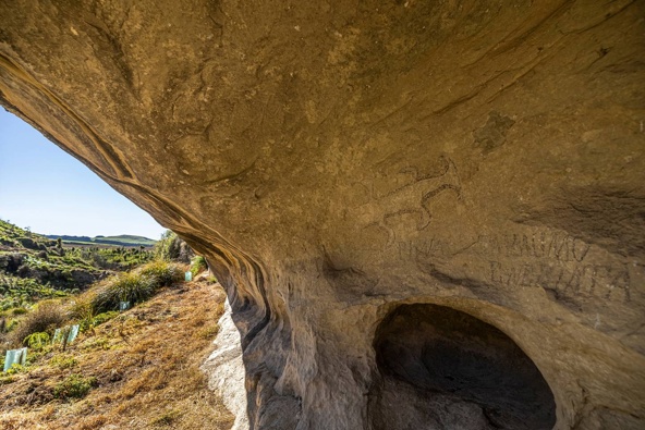 Drawings at the rock art site at Opihi, on private land near Pleasant Point, about a half-hour drive from Timaru. Photo / Peter Meecham.