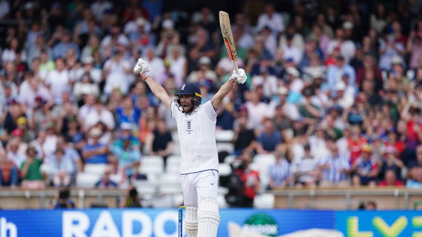 England's Chris Woakes celebrates after winning the third Ashes test match at Headingley, Leeds. Photo / Getty