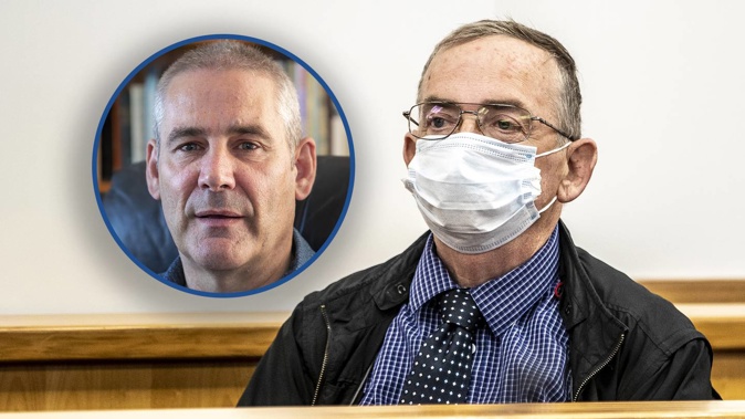 Former housemaster Ian Wilson appears at Auckland District Court for sentencing. Inset, his victim Neil Harding, who is leading the class action against the school. Photo / NZ Herald