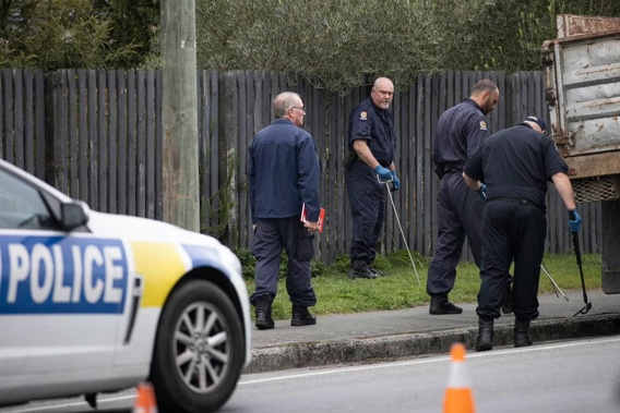Armed police responded to an address in Hei Hei on Gilberthorpes Road after a body was found on Tuesday afternoon. Today detectives are searching the property and area. 12 April 2023 New Zealand Herald Photograph by George Heard