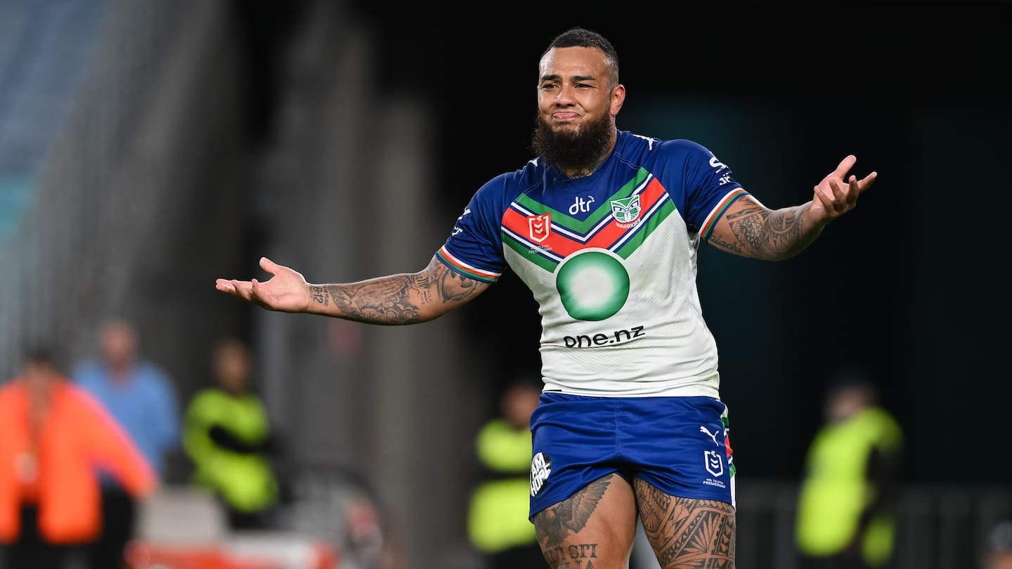 Addin Fonua-Blake celebrates during the NZ Warriors' defeat of the Canterbury-Bankstown Bulldogs. Photo / Photosport